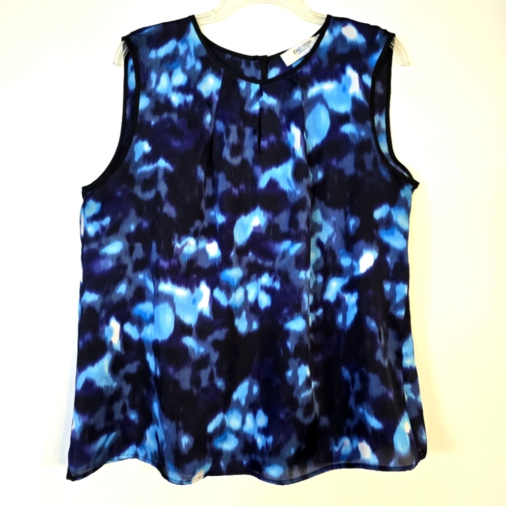 Jones Studio XL Scoopneck Blouse Sleeveless Tank Shell Watercolor Blues Navy